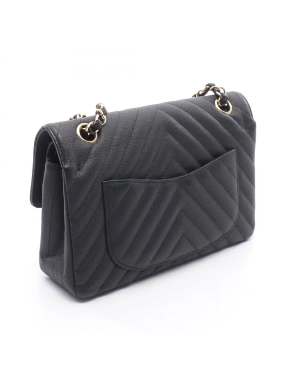Chanel Shoulder Bag Chevron Stitch Double Flap Matte Black Caviar Leather